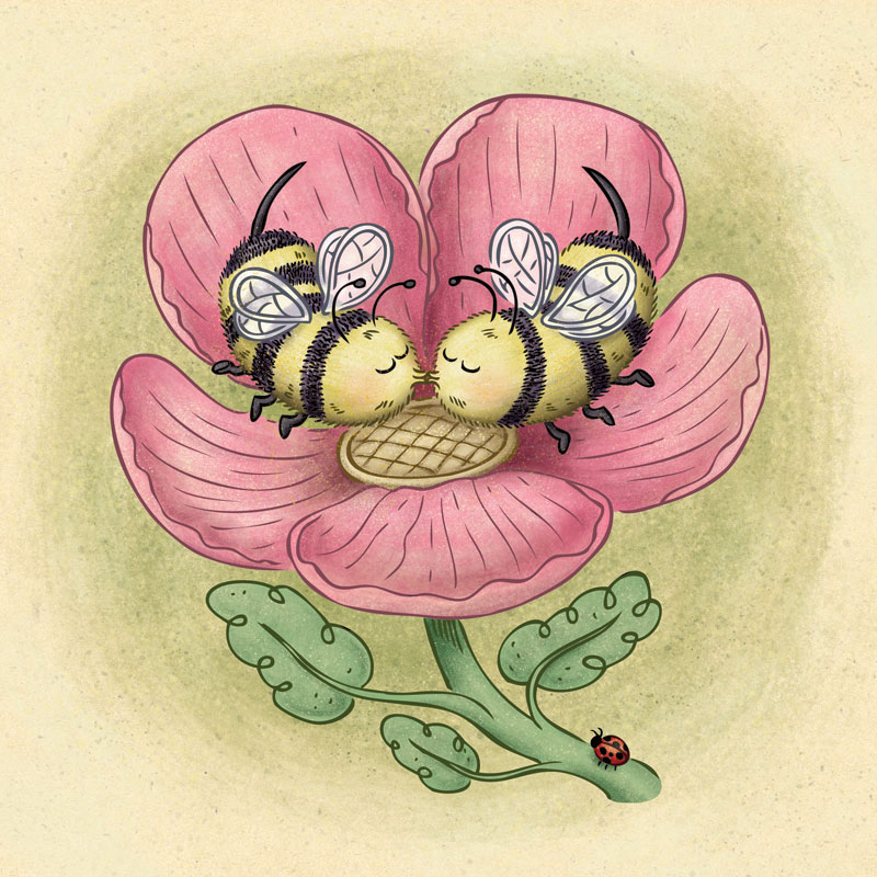Two cute bees sharing a kiss inside a Spring flower.