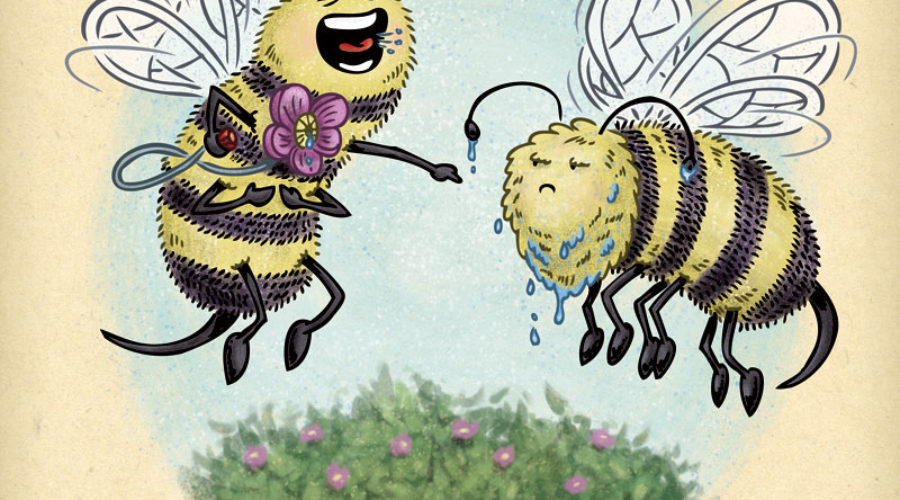 Bee gets tricked by squirting flower prank on April Fool's Day.