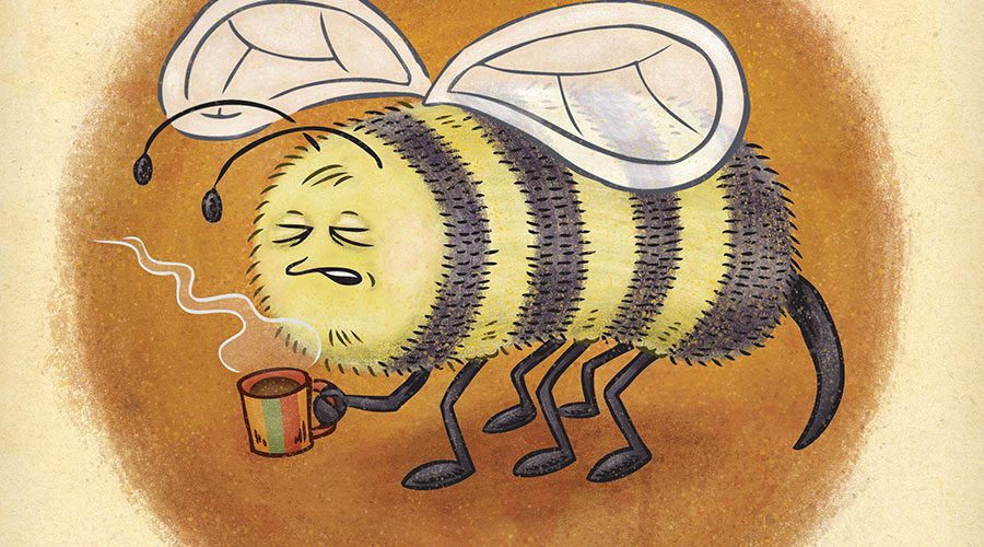 Sleepy bee prepares for a busy day with a fresh cup of coffee.