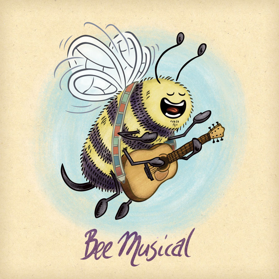 Musical bee sings and plays acoustic guitar.