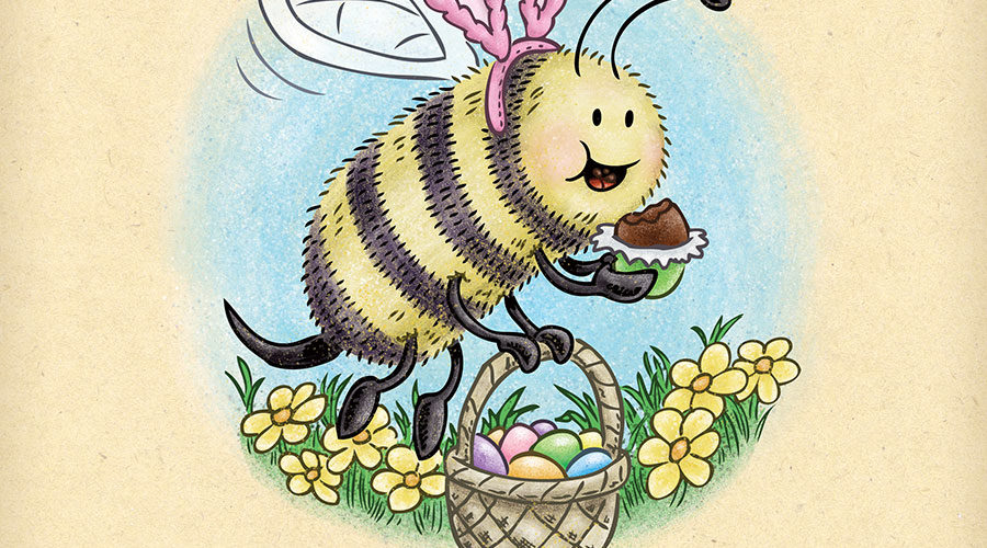 Bee wearing pink bunny ears celebrates Easter eating a basket of chocolate eggs.
