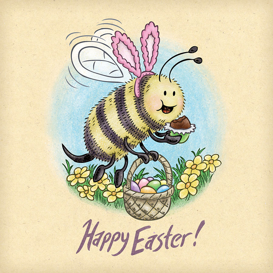 Happy Easter bee with pink bunny ears eating a chocolate Easter egg.