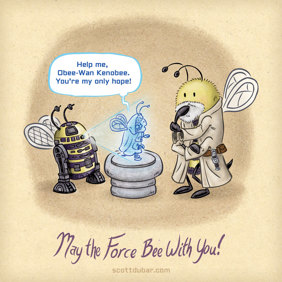 R2-Bee2 delivers a message to Obee-Wan in this Star Wars themed bee cartoon.