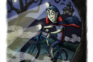 Dracula taking a moonlit mountain bike ride along a spooky forest trail. Illustration by Scott DuBar.