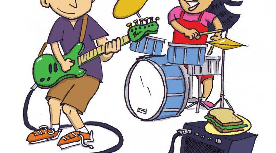 Two kids playing rock music. illustration by Scott DuBar