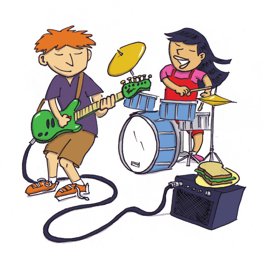 Two kids playing rock music. illustration by Scott DuBar