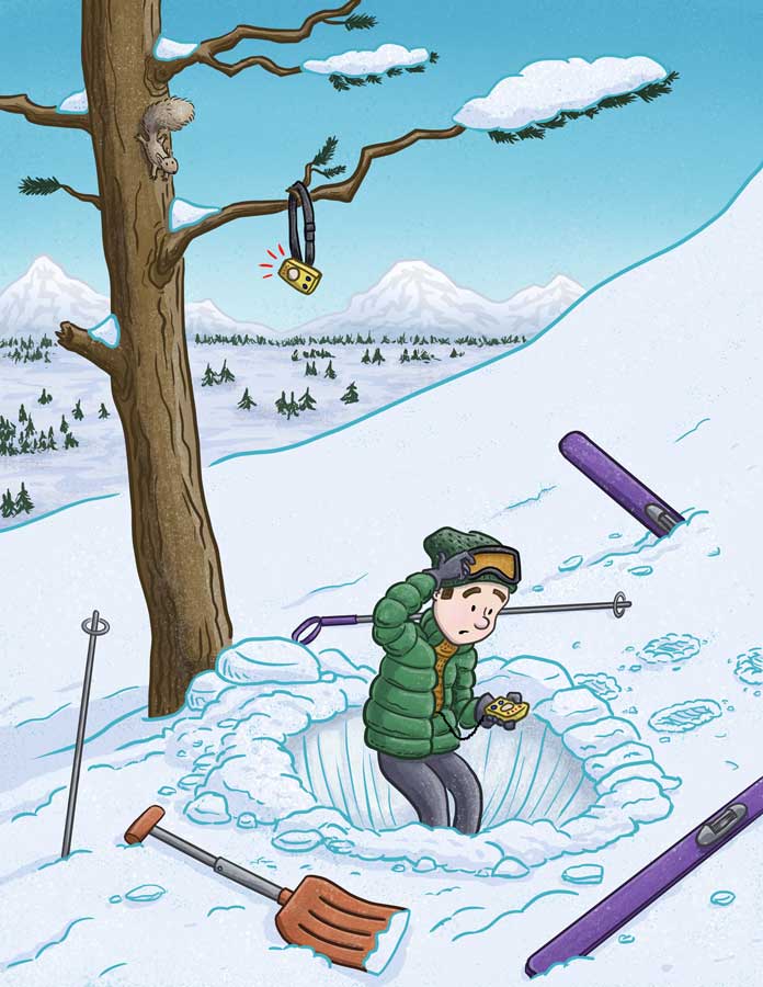 Look Up! Skier taking an avalanche rescue course has trouble finding where the instructor hid the avalanche beacon as a squirrel looks on. Editorial illustration by Scott DuBar.