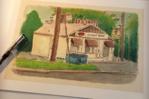 Signed print of my sketchbook drawing of Spudnuts Donut and Coffee Shop, Charlottesville, Virginia.