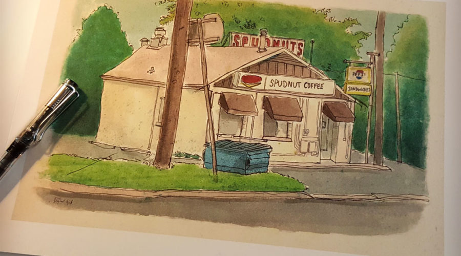 Signed print of my sketchbook drawing of Spudnuts Donut and Coffee Shop, Charlottesville, Virginia.