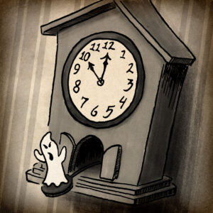Ghost pops out of a Victorian cuckoo clock.