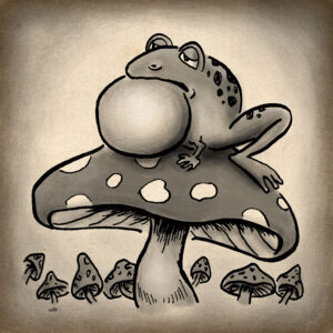 Frog croaking on a mushroom.