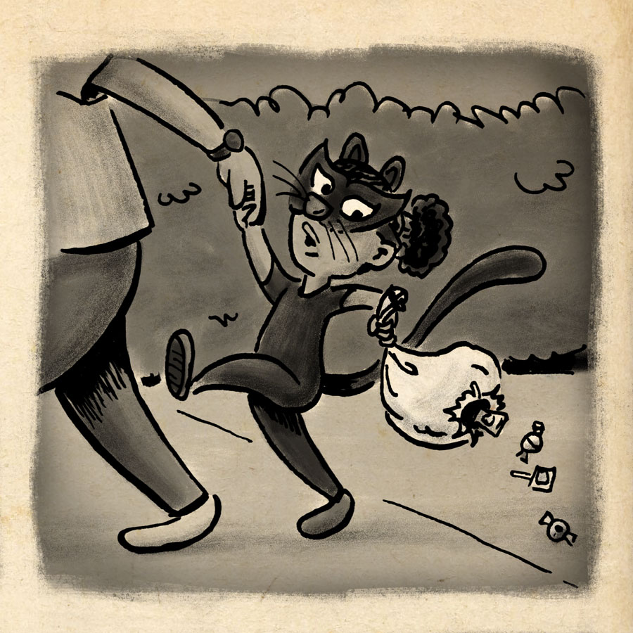 Little girl dressed as a black cat notices her trick-or-treat bag has sprung a hole.