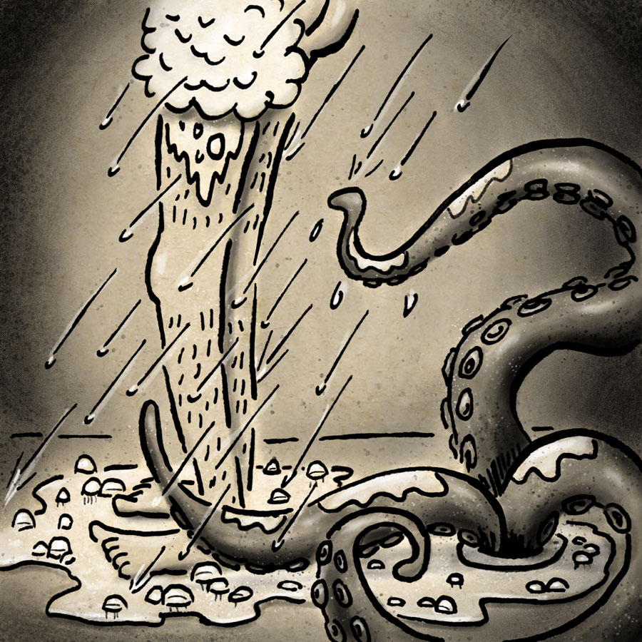 A tentacle monster emerges from the shower drain behind its unsuspecting victim.