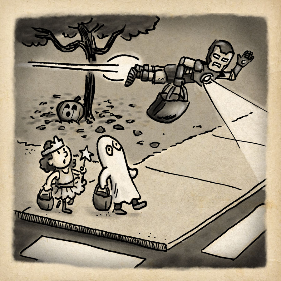 Rich kid zooms by in his fully-functional Iron Man Halloween costume.