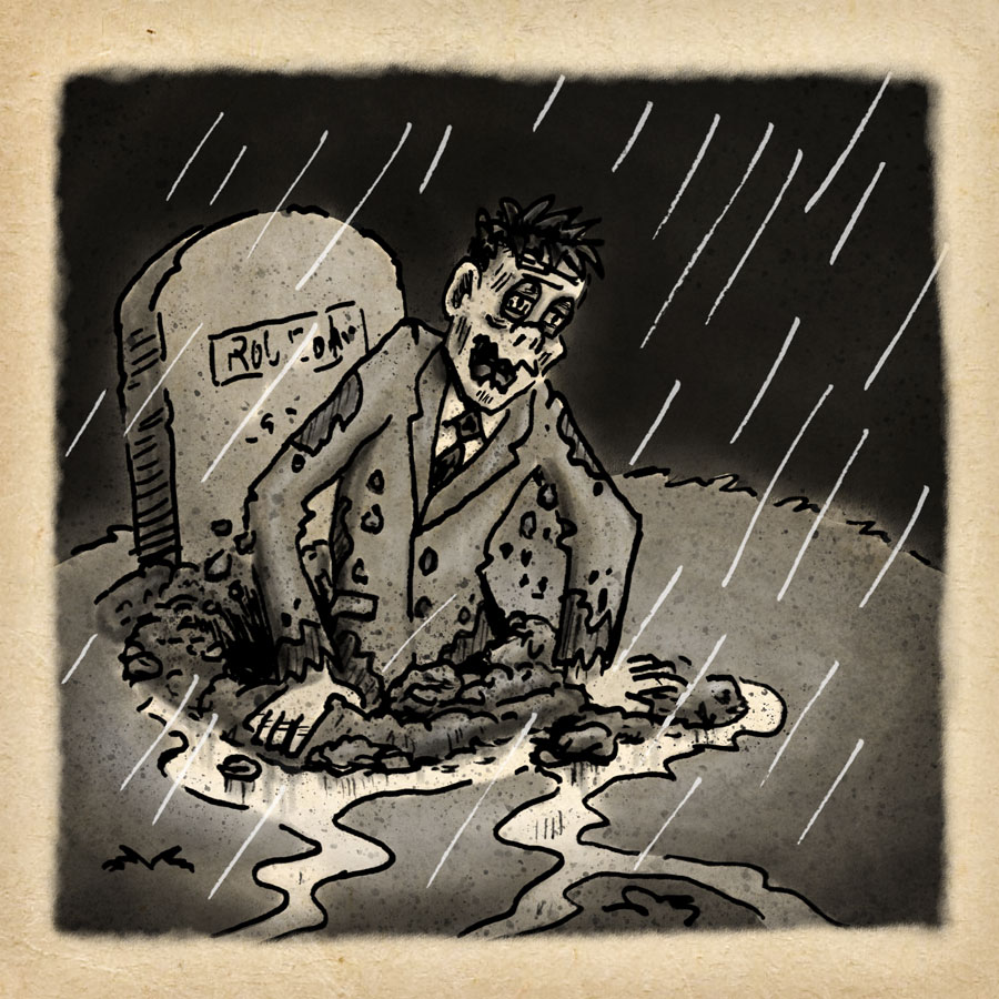 inktober 2018 week 4: Zombie claws his way out of the grave on a rainy night.