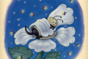 Cute bee spends the night sleeping on a flower under the glow of flickering fireflies.