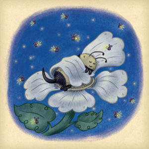 Cute bee spends the night sleeping on a flower under the glow of flickering fireflies.