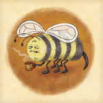Sleepy bee prepares for a busy day with a fresh cup of coffee.