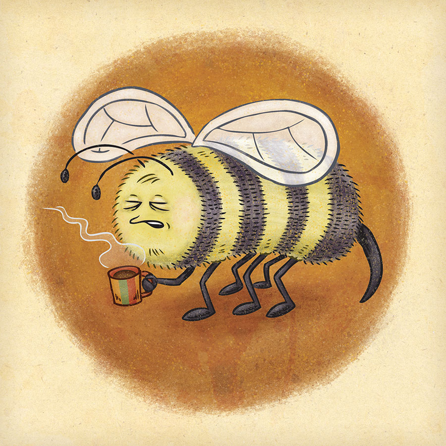 Sleepy, determined bee prepares for a busy day with a fresh cup of coffee.