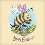 Bee wearing pink bunny ears celebrates Easter eating a basket of chocolate eggs.