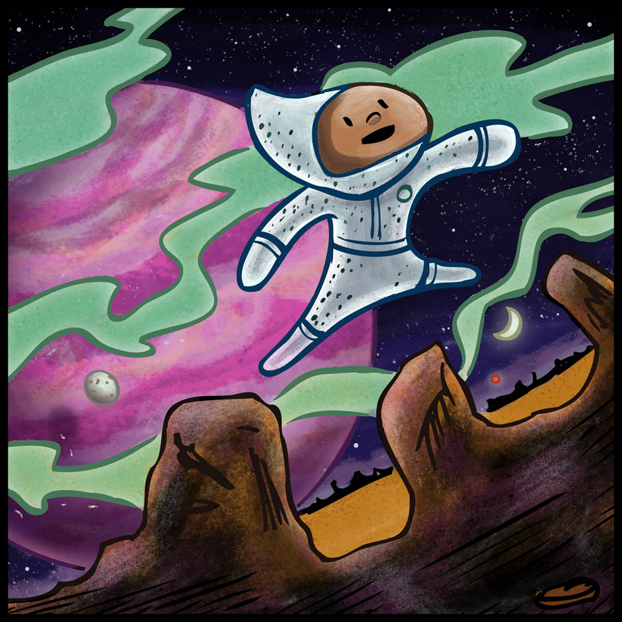 Little boy explores an alien planet. illustration by Scott DuBar