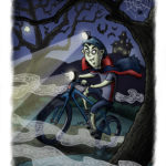 Dracula taking a moonlit mountain bike ride along a spooky forest trail. Illustration by Scott DuBar.