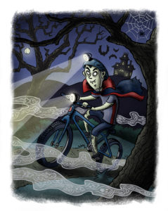Dracula taking a moonlit mountain bike ride along a spooky forest trail. Illustration by Scott DuBar.