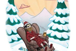 Avid skiing enthusiast relaxes in the pleasant bliss of his average skiing skills. Illustration by Scott DuBar.