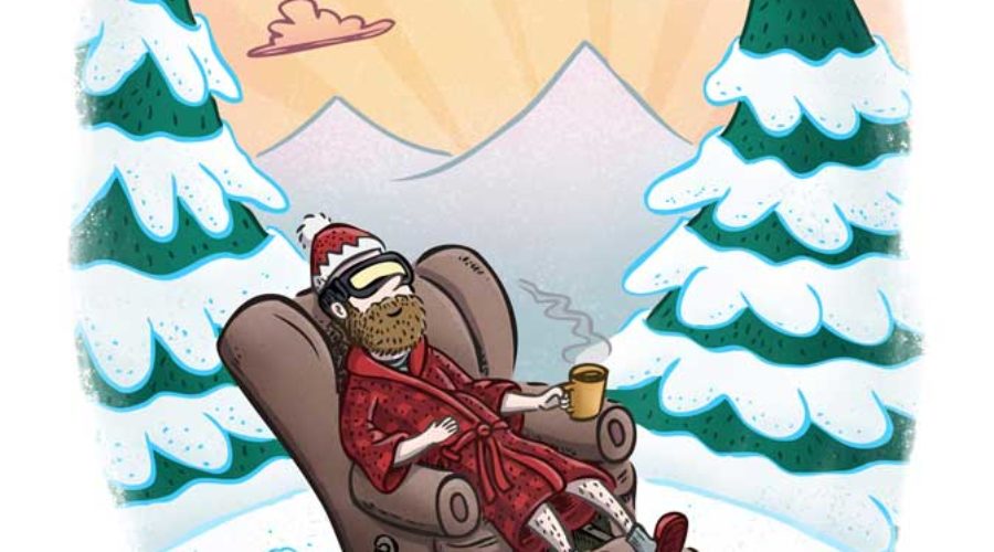 Avid skiing enthusiast relaxes in the pleasant bliss of his average skiing skills. Illustration by Scott DuBar.