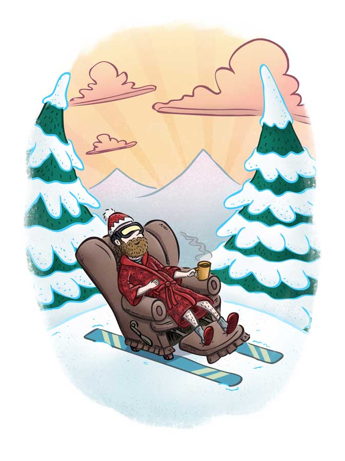 Alpine Mediocrity. Skiing enthusiast relaxes in a custom La-Z-Boy with skis. Illustration by Scott DuBar.