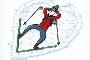 Skier making a heart shape while laying in the snow. Illustration by Scott DuBar.