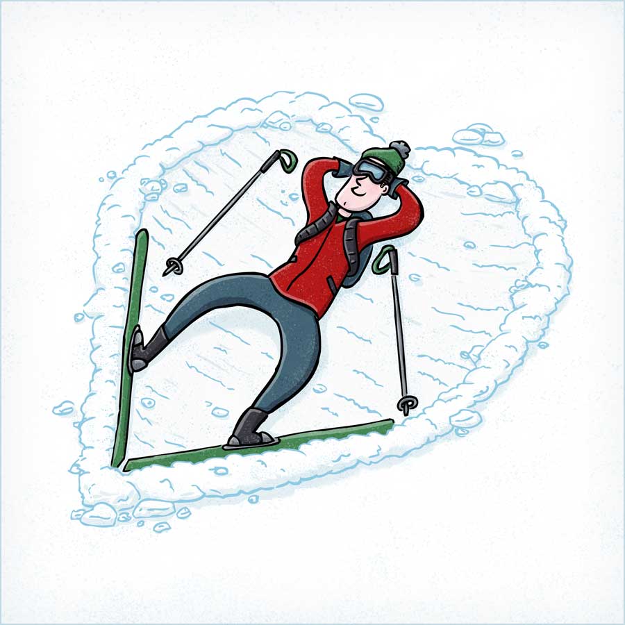 "I Ski Because" Skier making a heart shape while laying in the snow. Illustration by Scott DuBar.