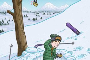 Skier taking an avalanche rescue course has trouble finding where the instructor hid the avalanche beacon as a squirrel looks on. Editorial illustration by Scott DuBar.