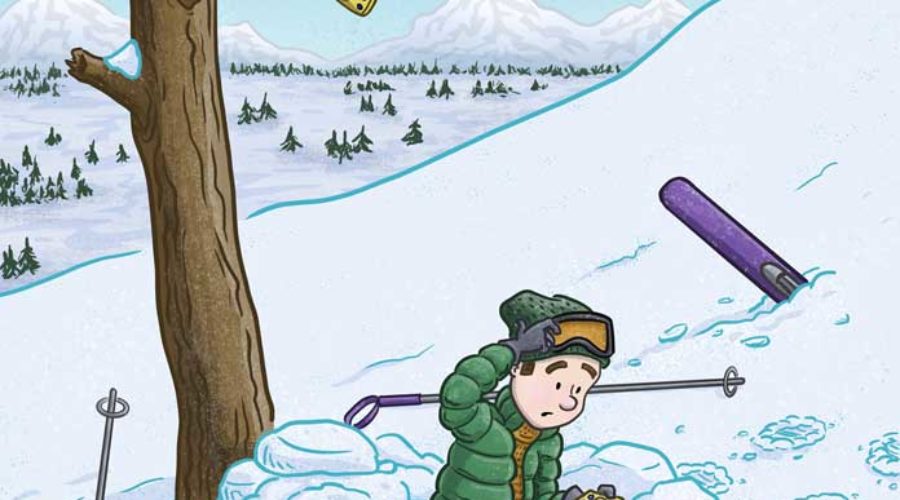 Skier taking an avalanche rescue course has trouble finding where the instructor hid the avalanche beacon as a squirrel looks on. Editorial illustration by Scott DuBar.