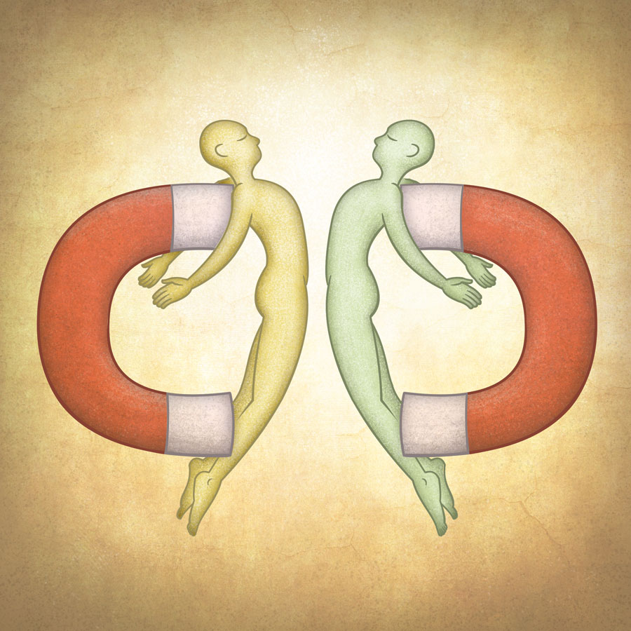 Two androgynous figures attached to magnets feeling their own magnetism towards each other. Illustration by Scott DuBar.