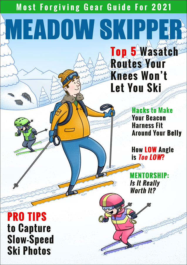 Mock magazine cover for Meadow Skipper show a middle-aged man skiing gentle slopes meant for kids.