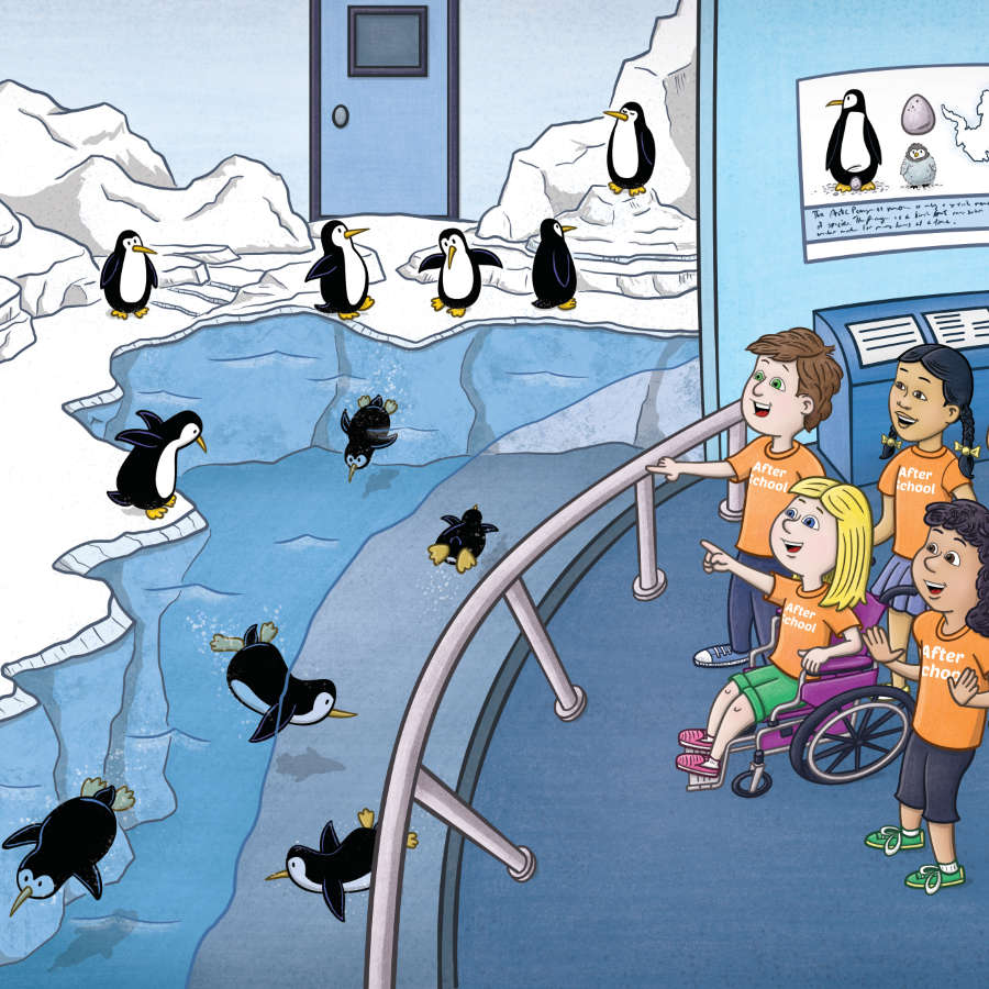 Kids visiting the penguin house. Zippy Buzzy Bee, winner of a MarCom Award 2021.
