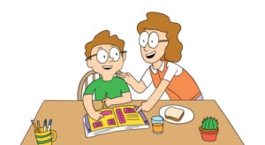 Mom helps her son with his Brain Quest Grade 6 Workbook. Art Director Erica Green. Illustration by Scott DuBar.