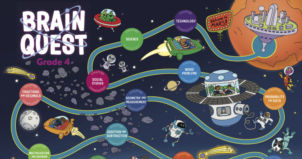 Brain Quest Grade 4 Workbook fold-out poster of kids flying to outer space.