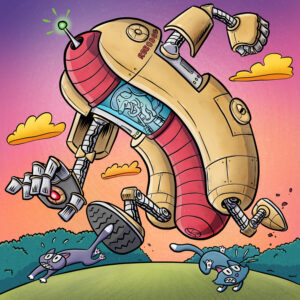 A dog chases cats using his giant hotdog shaped mecha robot.